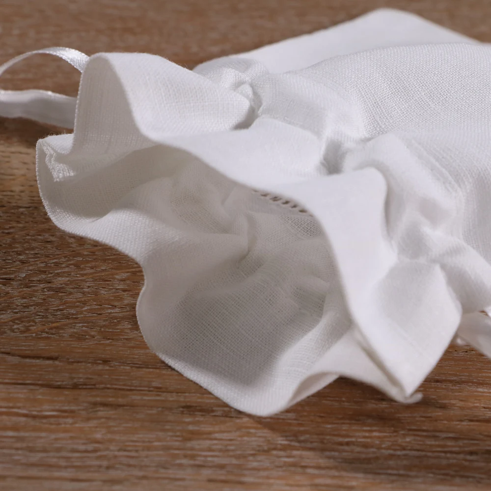 B023：12 pieces White Linen Cotton  embroidery  Gift Sachet bags Travel storage pouch Drawstring bags