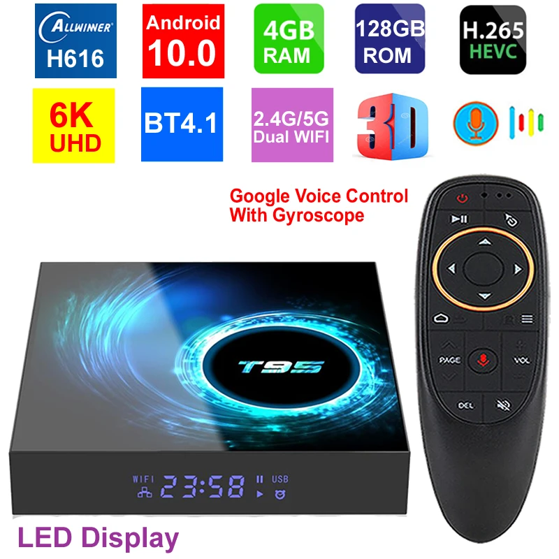 

T95 6K Smart TV Box Android 10.0 4GB 128GB Allwinner H616 Quad Core 5G Dual WIFI HDR H.265 BT4.1 6K Media player Set Top Box