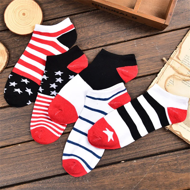 5 Pairs Red Striped American Flag Patterned BusinessMen Fashion Black White Socks Funny Cotton Male Harajuku Novelty British Sox