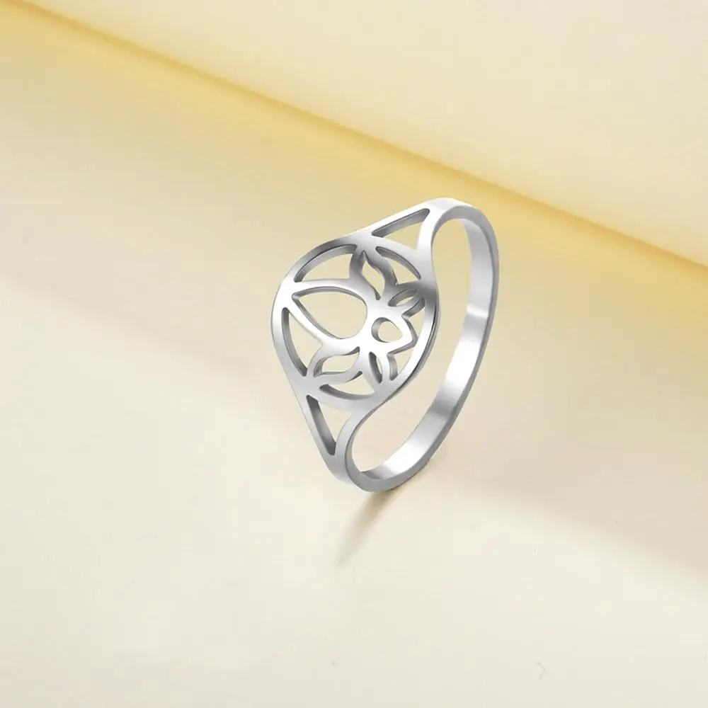 Skyrim Women Lotus Flower Finger Rings Stainless Steel Gold Color Casual Ring Anniversary Jewelry Birthday Gift for Lover Friend