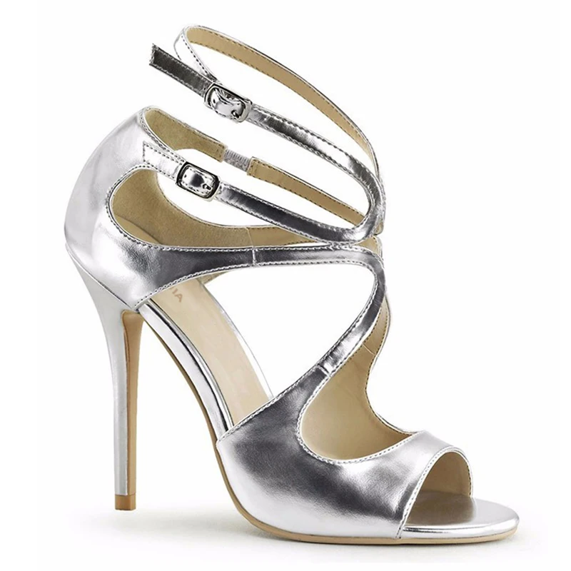 2020 Peep Toe Shiny Black Strappy Sandals Ankle Strap Stilettos Silver Gold Elegant Heels Patent Leather Woman Summer Shoes