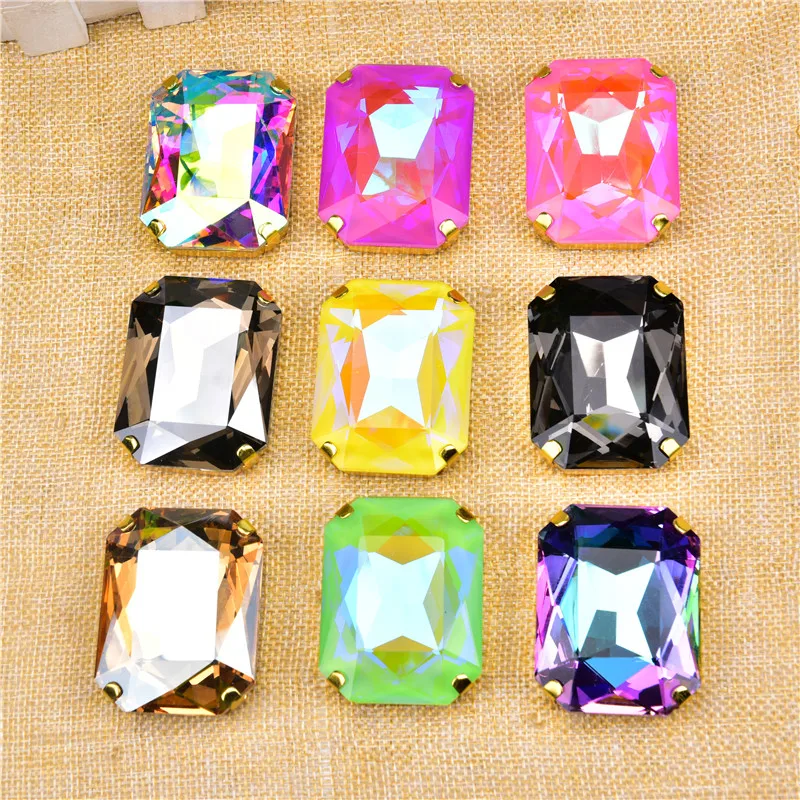 High-Quality Diamond Big Size 38*50Mm Rectangle Glass Stone Gold Base Sew On Crystal Rhinestones Apparel Accessories Diy Wedding