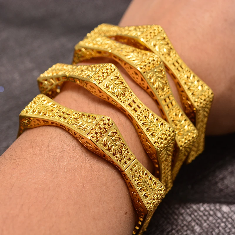 4Pcs Dubai Arab wheat Gold Color Bracelet&Bangles for Women Girl Islam Muslim Arab Middle Eastern Wedding Copper Jewelry Bangle