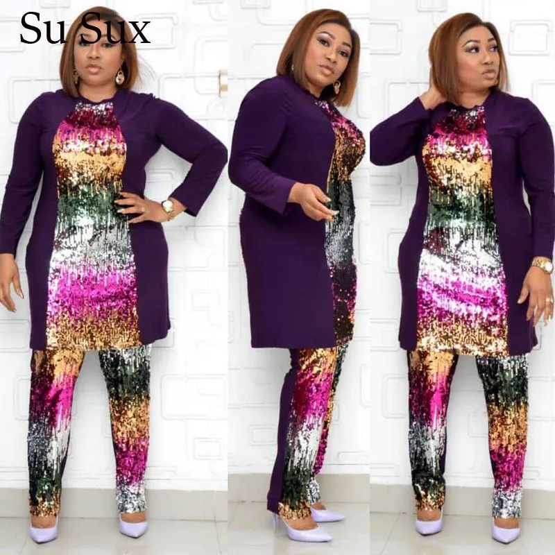 

Casual Sequins Two Piece Set Women Outfit Set Tracksuit Sequins Patchwork Long Sleeve Top&Pencil Pants Suit Sweatsuit Sportswear