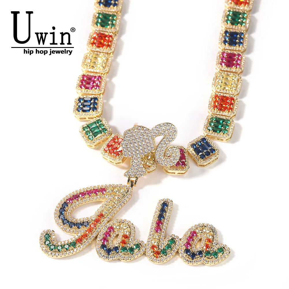 Uwin Multicolor Custom Brush Cursive Letter Icy Girl Hook  Name Necklace Pendant Baguettes Chain Personalized Hiphop Jewelry