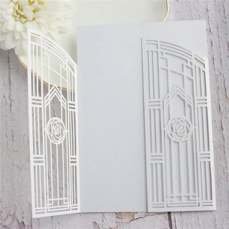 White invitation card elegant laser cut double fold customiable greeting card 50pcs