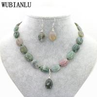 WUBIANLU New Women's Pendant Necklace Earrings Jewelry Set Natural Stone 13X18mm Red Rubies Agates Jades Opal Oval Bead T218