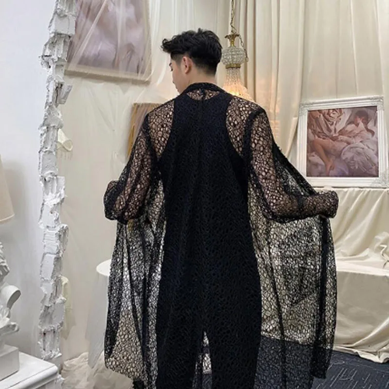 Men summer hollow out lace sexy long shirt nightclub hip hop punk stage costume women vintage mesh see-through blouse cloak