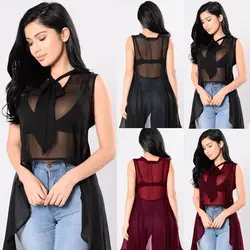 New Womens Transparent Sleeveless Loose Blouse Shirt Lrregular Perspective Sexy Tops Summer Casual Fashion Blouses