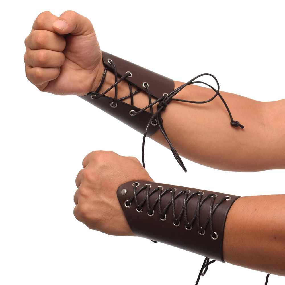 Medieval Wide Bracer Men Nordic Leather Lace Up String Arm Armor Cuffs Cosplay Props Steampunk Costume Gauntlet Wristband