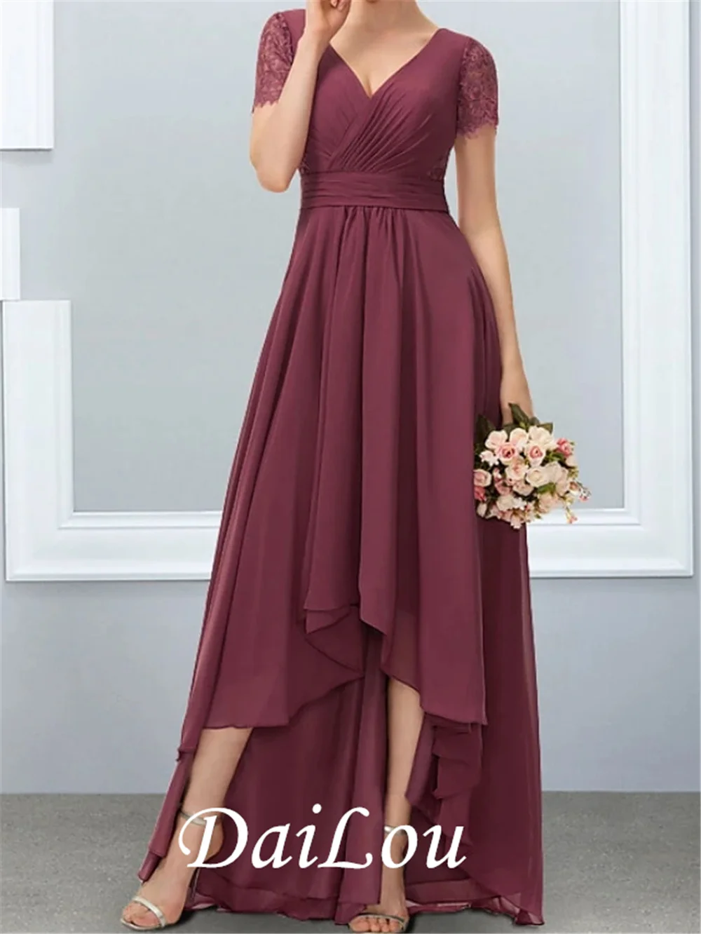 A-Line V Neck Asymmetrical Chiffon Bridesmaid Dress with Pleats 2021