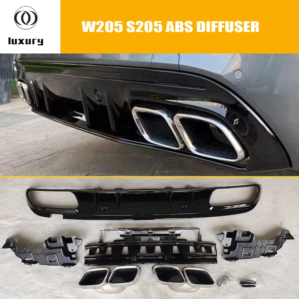 ABS Rear Bumper Diffuser With Big Exhaust Tips for Benz W205 Sedan S205 Wagon C200 C300 C450 C43 C63 with Amg Pacakge 15 - 22