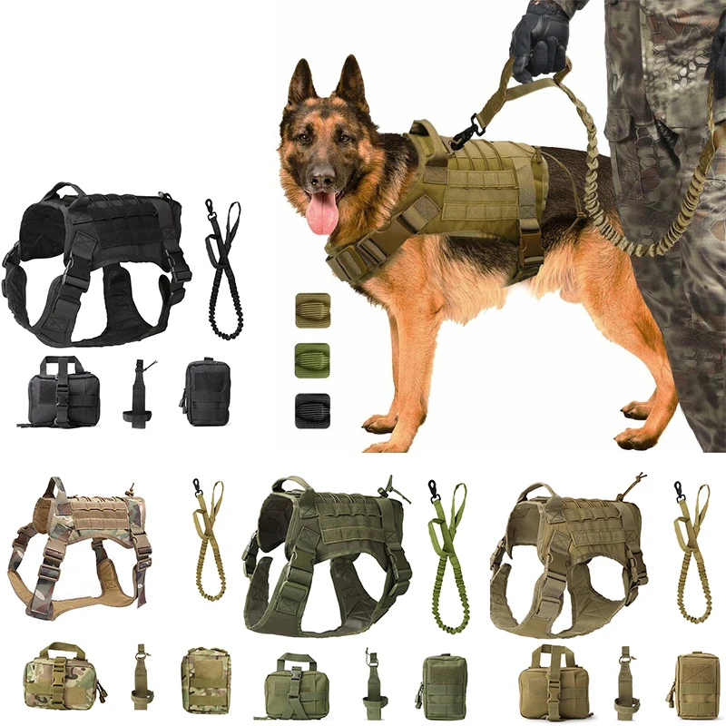 

Police Service Dog Military Tactical Harness Vest Clothes Patrol Molle Outdoor Training With Accessory Water Bottle Carrier Bag