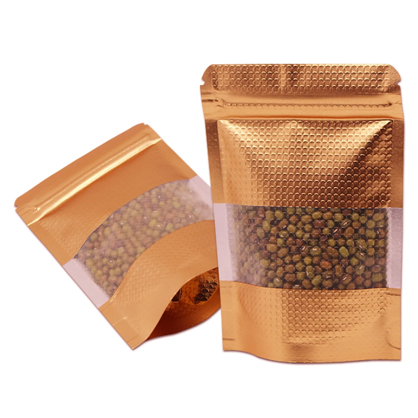 

Golden Stand Up Mylar Foil Bag Reclosable Zipper Nuts Tea Package Bags Heat Seal Aluminum Embossed Snack Pouch With Clear Window