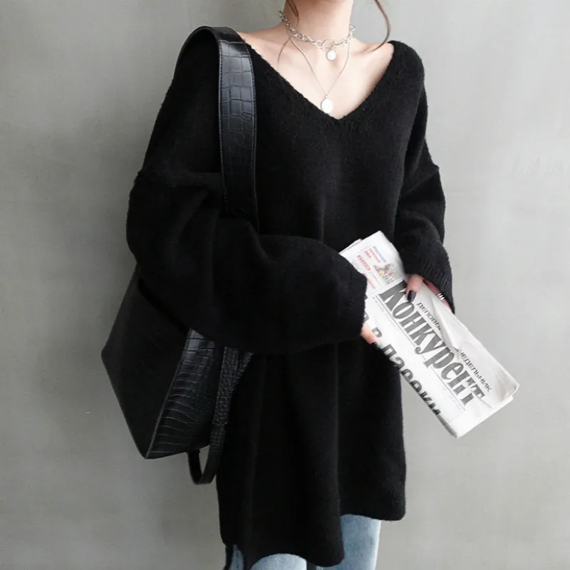 Women Autumn Oversized V Neck Full Sleeve Cozy Cashmere Sweater Loose Knitted Pullovers Solid Color Casual Jumpers