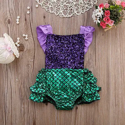 Infant Baby Girl Sequins Mermaid Swimming Bodysuits Beachwear 1Piece Ruffles Backless Patchwork Sunsuit Swimwear Swimsuits