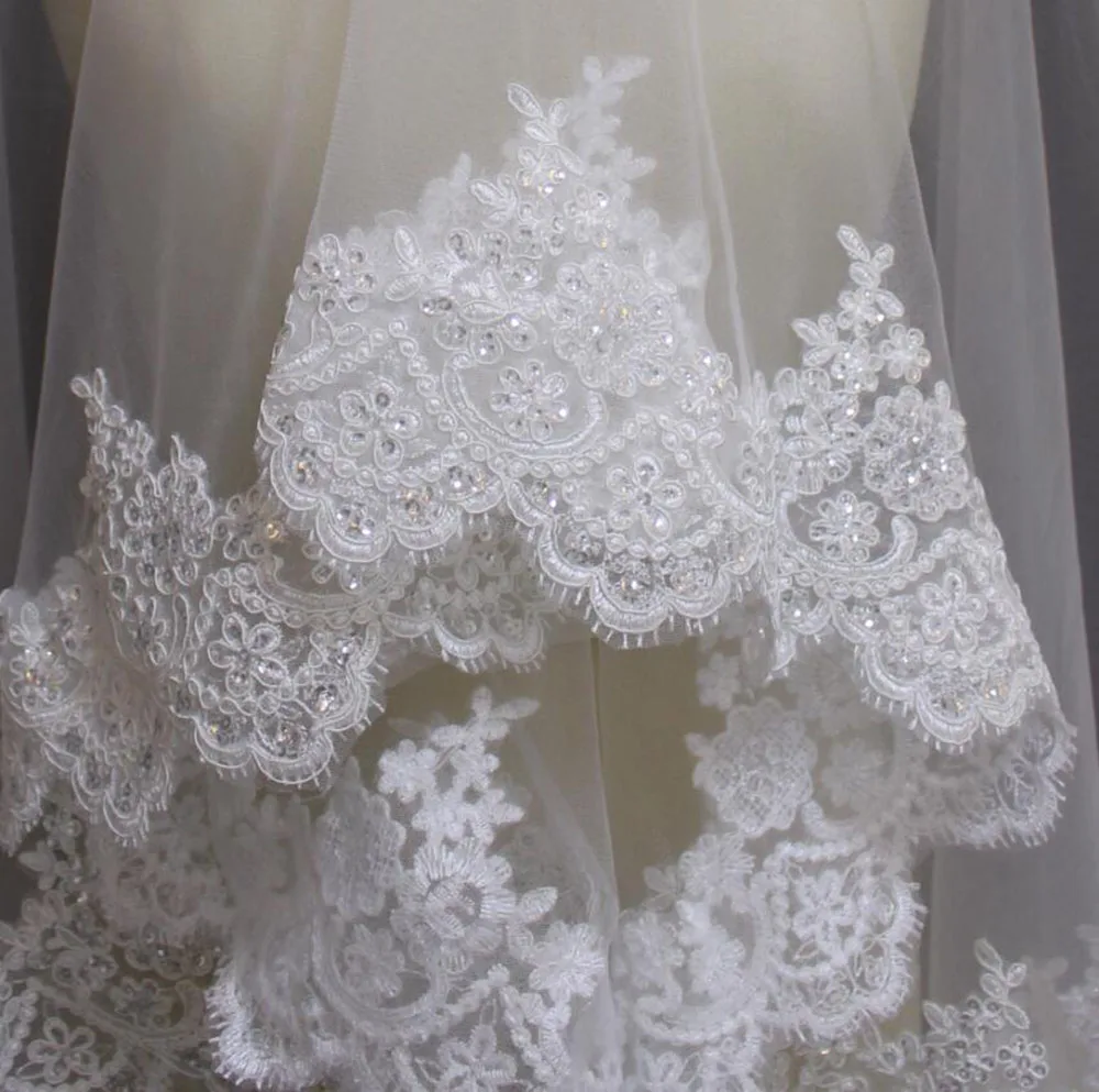 Bling Sequins ลูกไม้ Chapel ผ้าคลุมหน้างานแต่งงานโดยไม่ต้องหวี2เมตรยาว Mantilla เจ้าสาว1ชั้นสีขาว Ivory Veil Headpieces