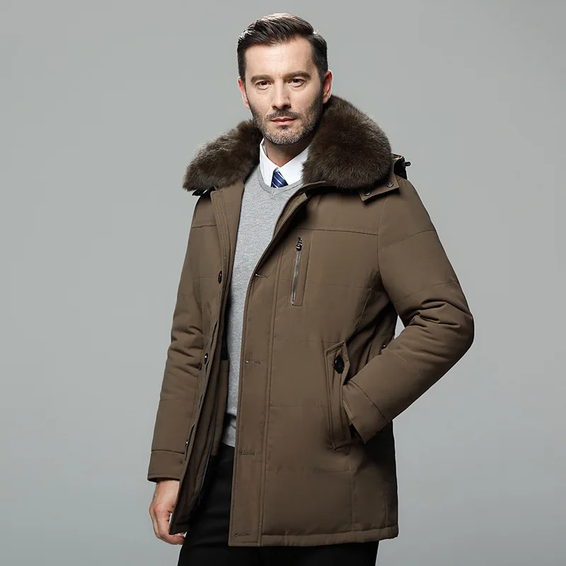 Abrigo de plumón desmontable para hombre, Cuello de piel gruesa con parka, a la moda, para invierno