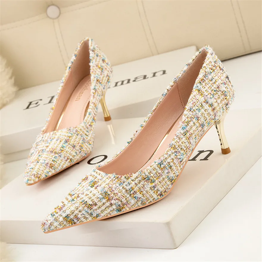 Metall Ferse Mode Kostüm Tweed Frauen Schuhe Frühling Plaid Spitz Braut Weibliche Pumpen High Heels Dame Flach Arbeit Schuh kleid