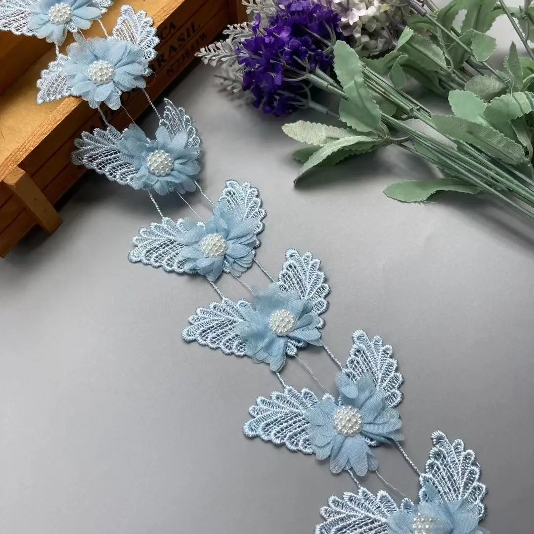 1 Yard 8cm Blue Pearl Beaded Lace Trim Ribbon Fabric Flower Butterfly Handmade Embroidered Applique Wedding Dress Sewing Craft