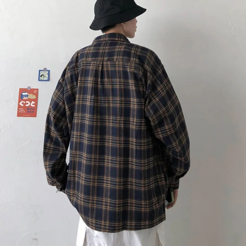 Chemise Homme Street Men Blouse Shirts Vintage Oversized  Flannel Boyfriend Plaid Shirt for Women Casual Korean Tops