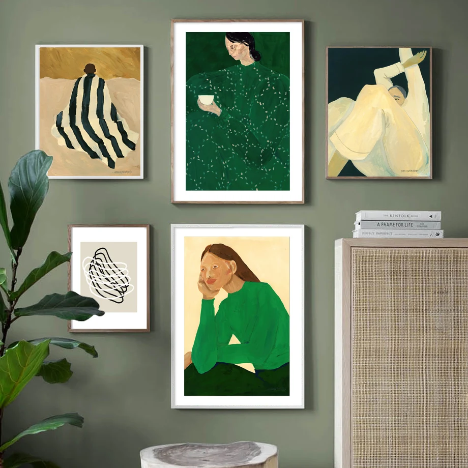Abstract Line Geometry Curve Girl Wall Art Canvas Painting  Nordic Poster Morden Green Picture For Livingroom Bedroom Home Decor
