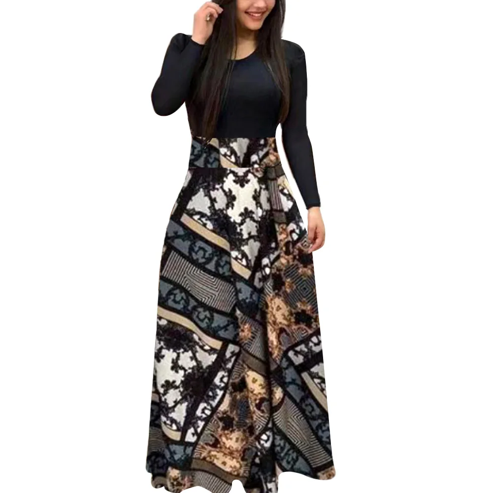 Đảng Nữ Hoa Da Báo Miếng Dán Cường Lực Tay Dài Lớn Swing Maxi Đầm Áo Dây Đầm Thanh Lịch Nữ Vestidos