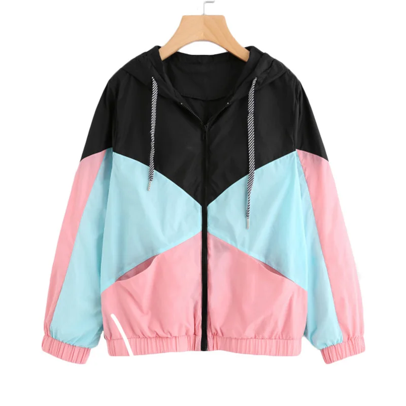 Women's Long Sleeve Zipper Pockets Casual Sport Coat, Multi Color Cut and Sew Windbreaker with Hood, Color Block Coats