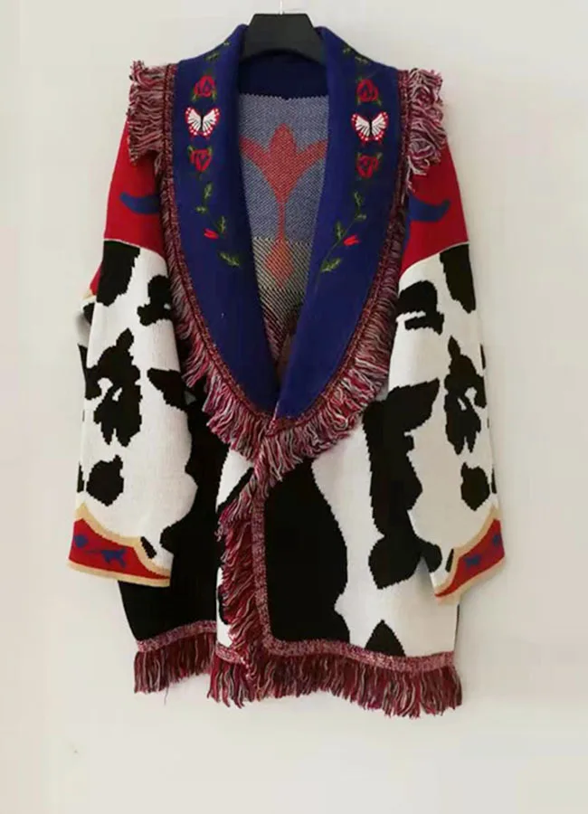 YAMDI Multicolour Oversize cardigan women shawl lapel  cardigans sweaters embroidered knitwear outwear 2020 new autumn winter