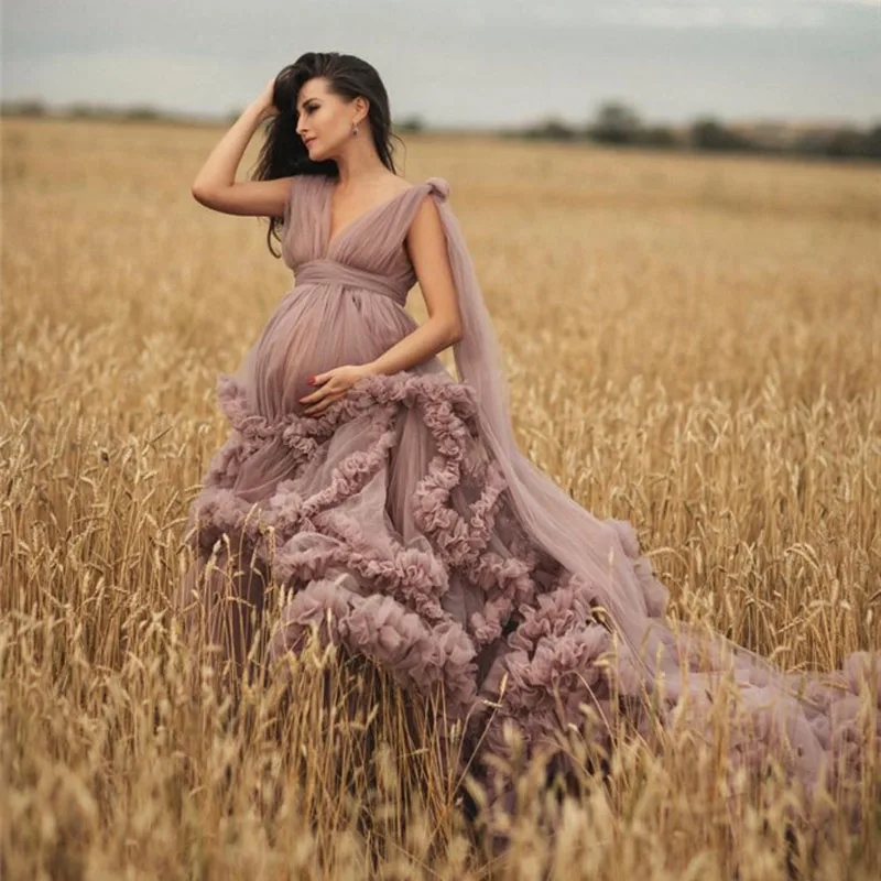 Vestido de maternidad Rosa polvoriento para Sesión de fotos o baby shower, elegante vestido de tul con volantes para mujer, camisón para fotografía