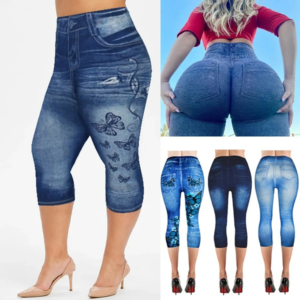 Women\'s Capri Leggings In Jeans 3/4 Summer Leggings Jeggings Skinny Butterfly Printed Jegging Denim Pants Leggins Mujer Dropship