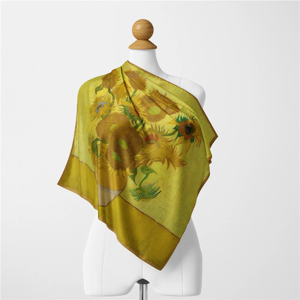 موضة حك وشاح حريري امرأة عباد الشمس طباعة أوشحة مربعة يلتف باندانا حجاب صغير فولاردز التعادل عقال منديل