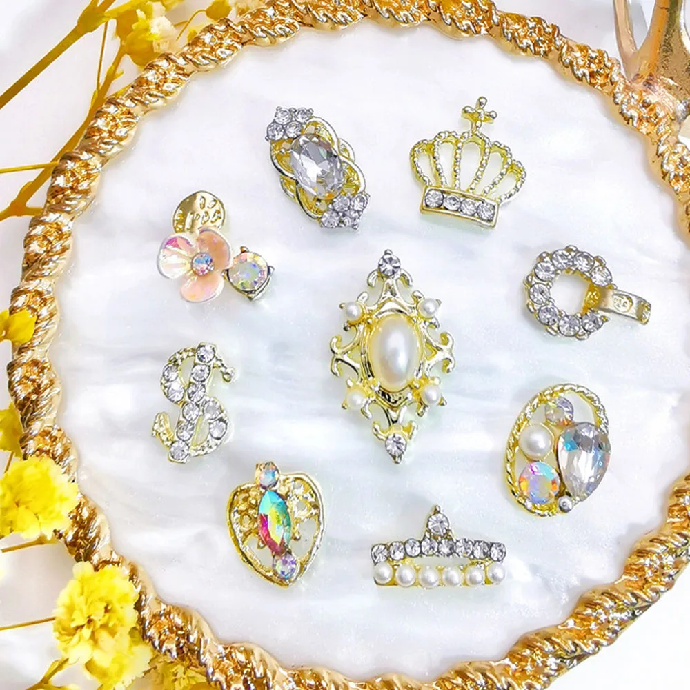 

10Pcs/lot Nail Art Charms Gold/Silver Alloy Crown/Dollar Sign/Water Drop/Flowers Rhinestone Gems 3D Metal Decoration Accessories