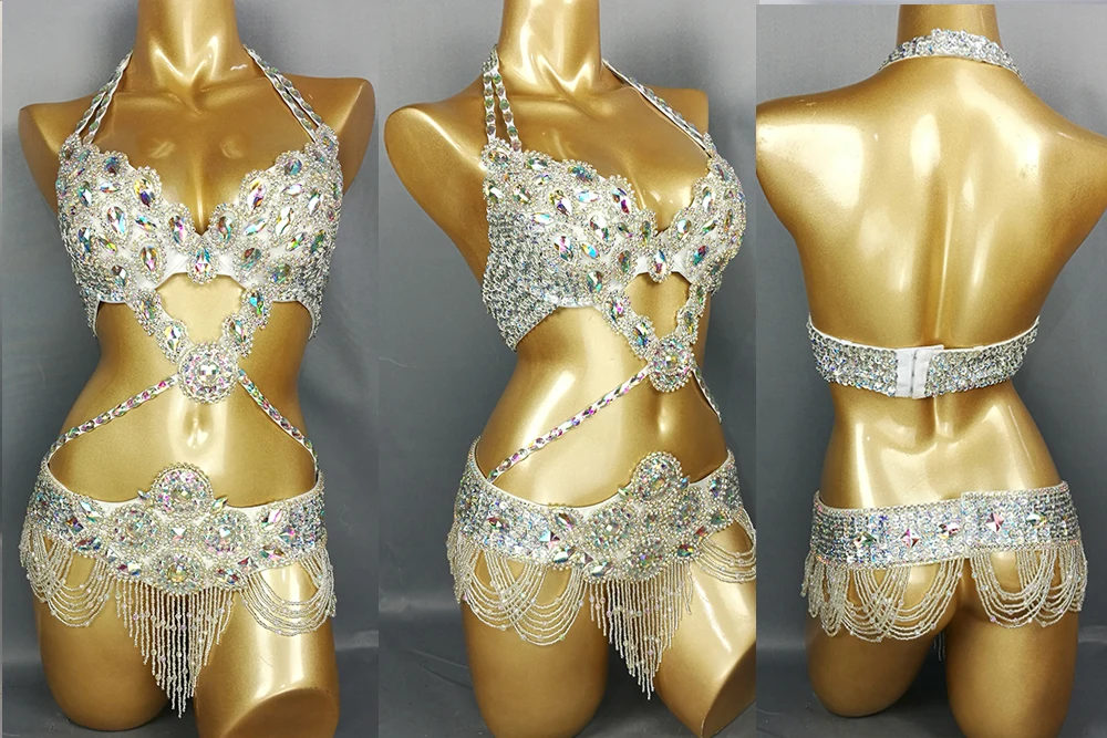 Cristal dança do ventre samba traje usar sutiã + cinto 3pc conjunto sexy feminino gogo biquíni terno bellydance biquinis