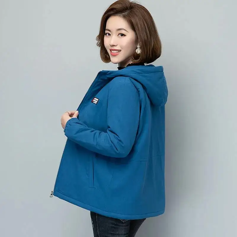 Add Fleece Winter Jacket Women 2022 Spring Autumn New Loose Coat Female short Hooded Windbreaker Outerwear Casual Outerwear 5XL