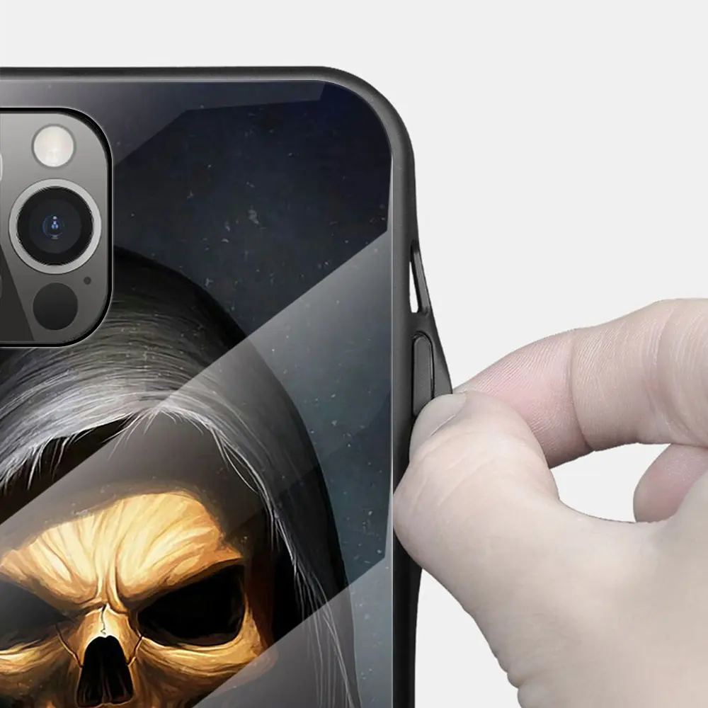 Fashion Skull Skeleton Grim Reaper Glass Phone Case for iPhone 11 12 13 Pro XR X 7 8 XS Max 6 6S Plus SE Mobile Phones Cover