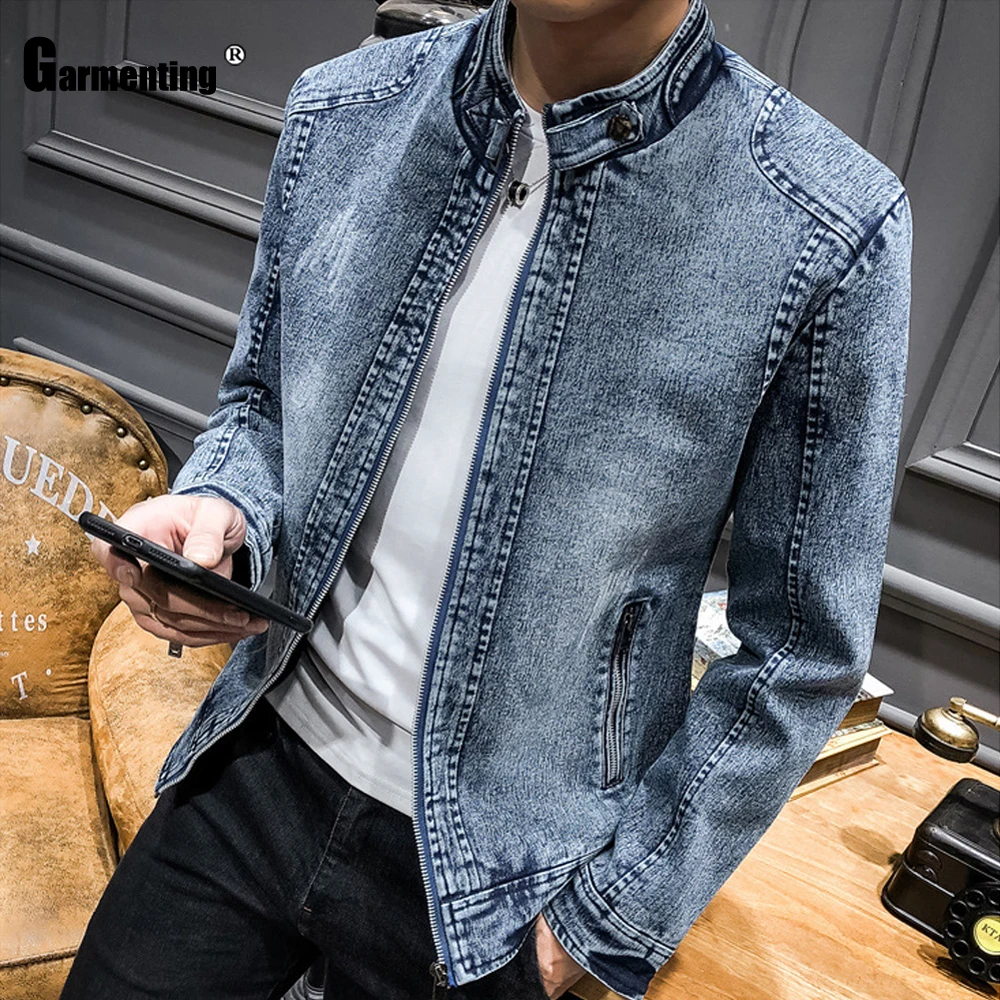 Garmenting Men Demin Jackets Trendy 2021 Autumn Winter Mandarin Collar Outerwear Zipper Up Demin Jacket Slim Fitted Male Clothes