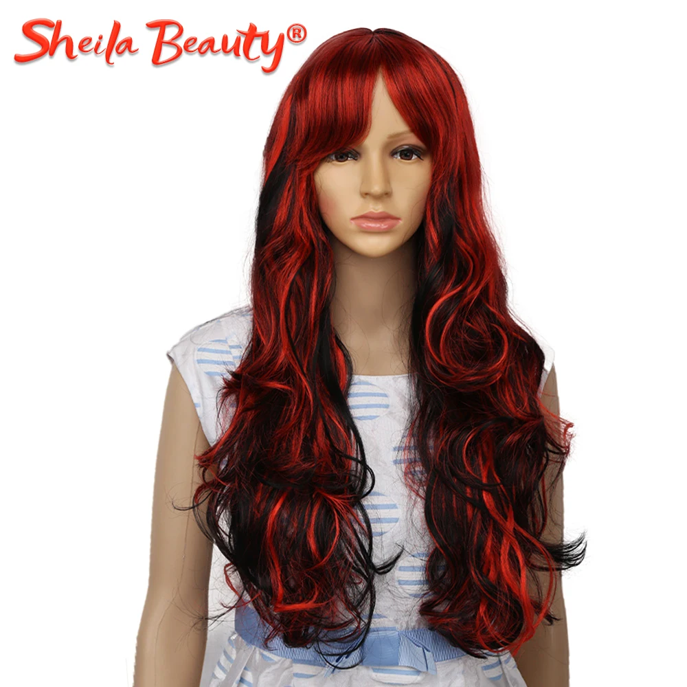 Synthetic Wigs With Bangs Long Ombre Wigs Cosplay Body Wave For Women Black Red Daily Party Wig High Temperature Fiber