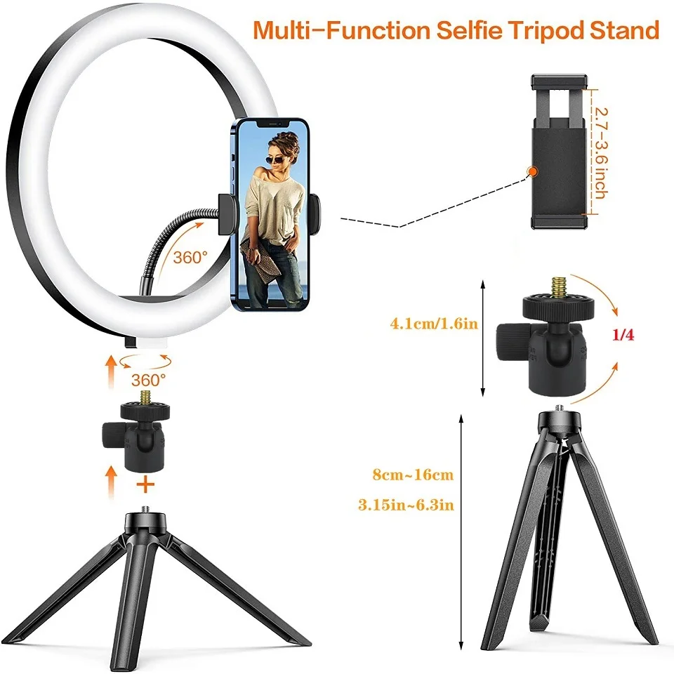 مصباح حلقي LED لصور السيلفي ، مصباح دائري مع حامل ثلاثي القوائم للصور والمكياج وحامل هاتف