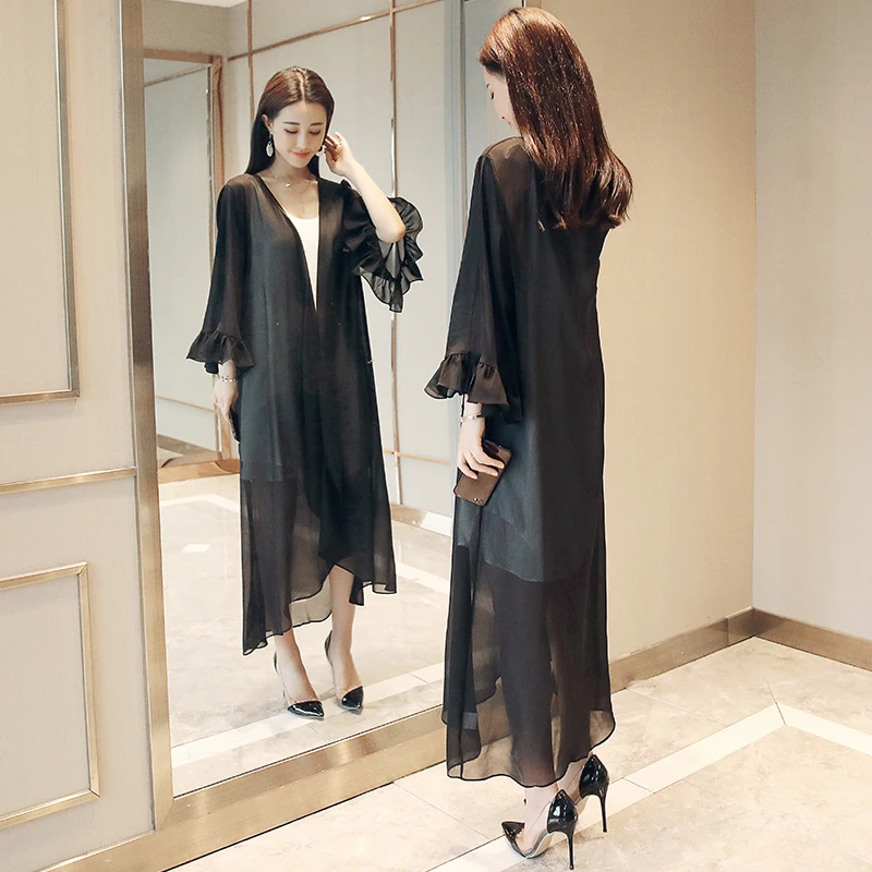 Long Bell Sleeve Ruffle Hem Chiffon Kimono Cardigan Women Summer Green Pink Black White Long Maxi Shirts Coat Beach Cover Up