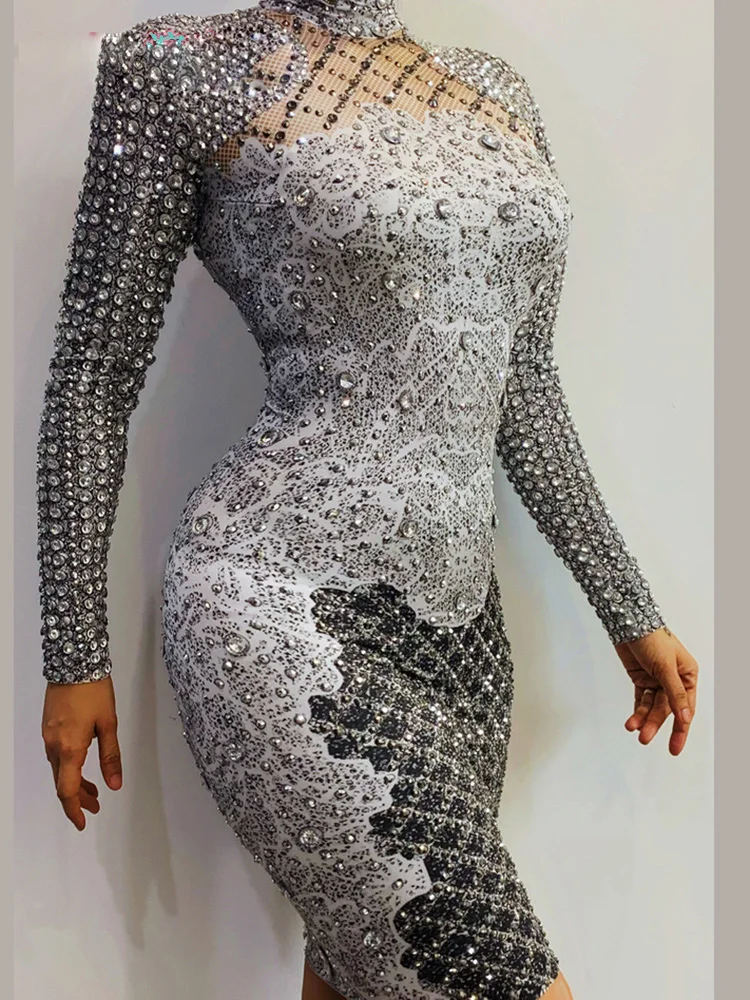 Celebration Party Dress Shiny Rhinestone Pearl Long Sleeve Dresses Black Gray Sexy Girls Day show wear