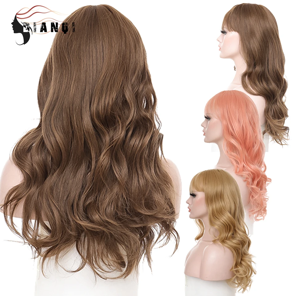 

DIANQI Women's Long Wavy Wigs with Bangs For White/Black Women Heat Resistant Synthetic Wigs Pink Brown Golden Natural Hair