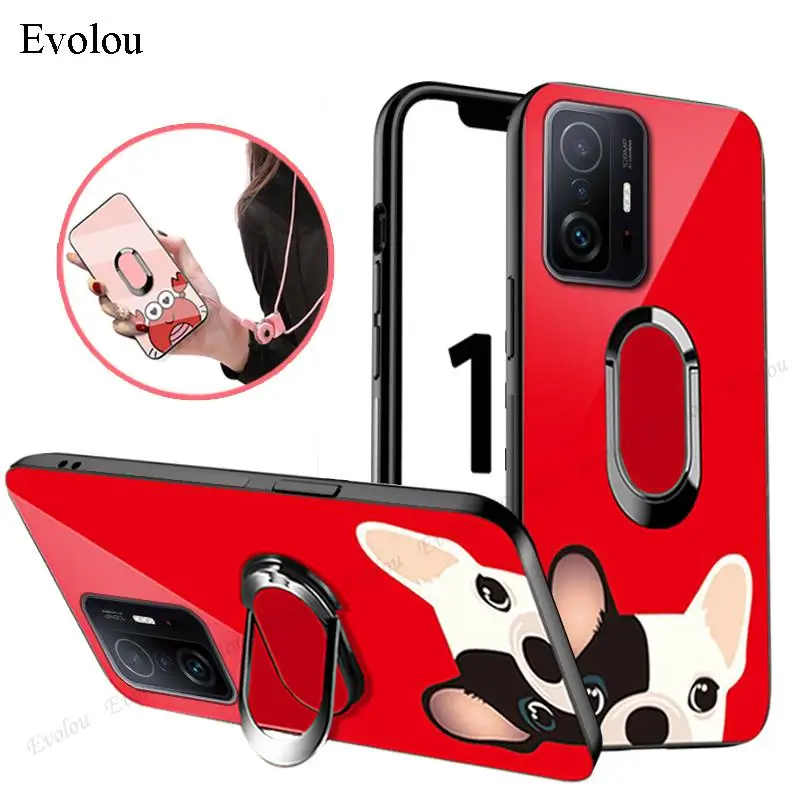 Painted Tempered Glass Phone Case For Xiaomi Mi 11T Pro Case Magnetic Ring Stand Holder Cover For Xiaomi 11 Ultra 10T Lite Civi 