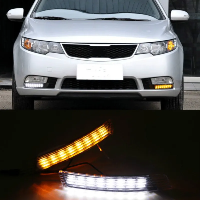 2PCS LED DRL Daytime Running Light Fog Lamp For Kia Forte 2009-2012 with Yellow Turn Signal Indicator style relay