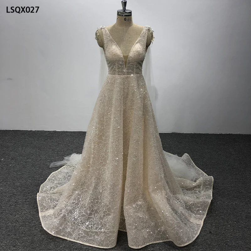 LSQX027 luxury wedding dress 2021 sleeveless blackless plus size wedding dress with glitters vestido de novia color champagne