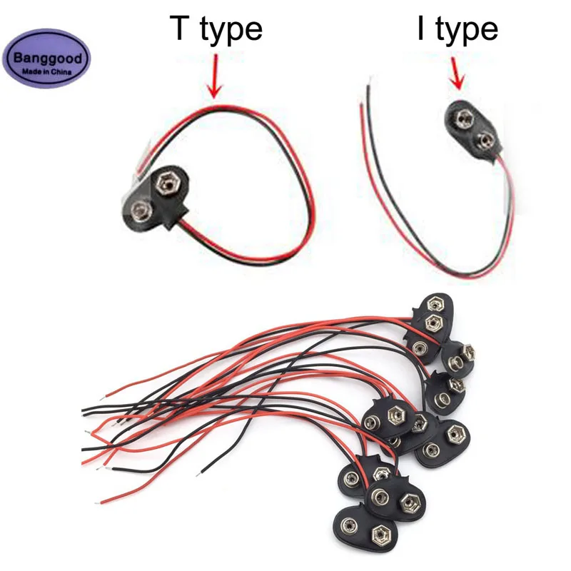 Lot 10PCS DIY T type or I type Snap On 9V Battery Holder Clip Connector Hard Shell 15CM Cable Lead Socket Plug Buckle Wire