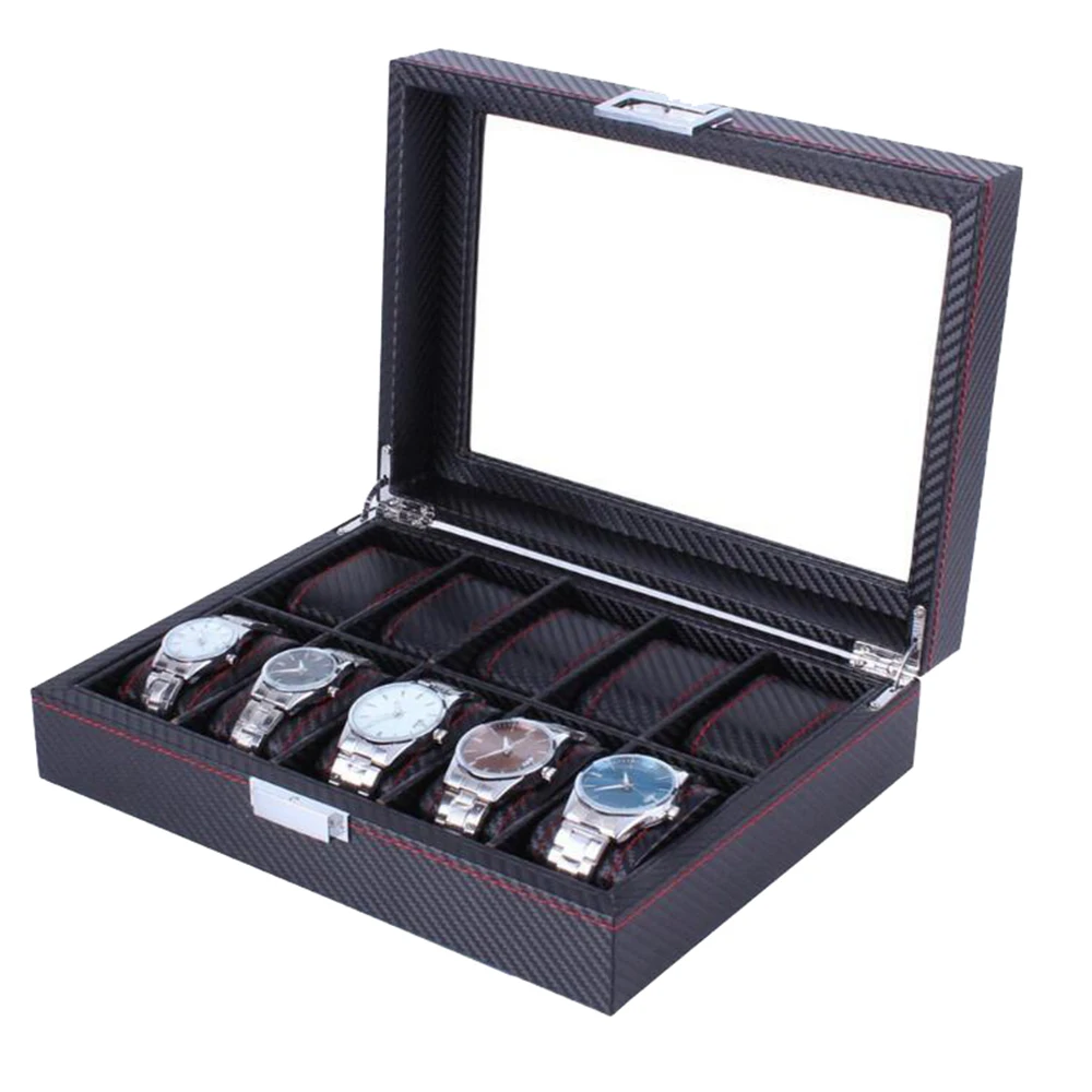 Watch Box Organizer With Glass Top Adjustable Tray Metal Hinge Carbon Fiber Design 10 Slots Watch Storage Case For Men-Black