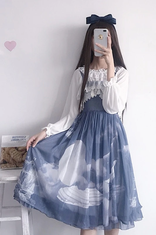 gothic lolita dress women kawaii clothing loli stitching chiffon suspender dress + bottoming long-sleeved student white shirt