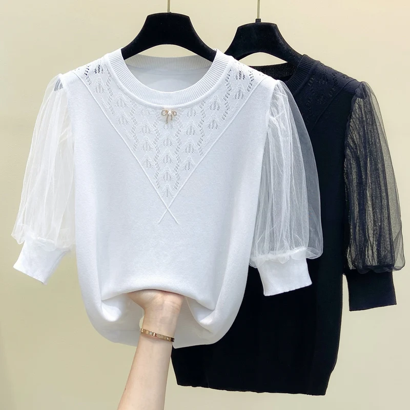 2022 New Summer Women Sweater O-Neck Solid color Lace sleeves Knitted pullover Short sleeve Female Casual Loose Jumper