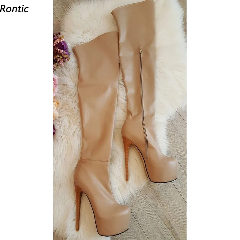 

Rontic Hot Women Winter Over The Knee Boots Platform Faux Leather Stiletto Heels Round Toe Pretty Nude Party Shoes US Size 5-20